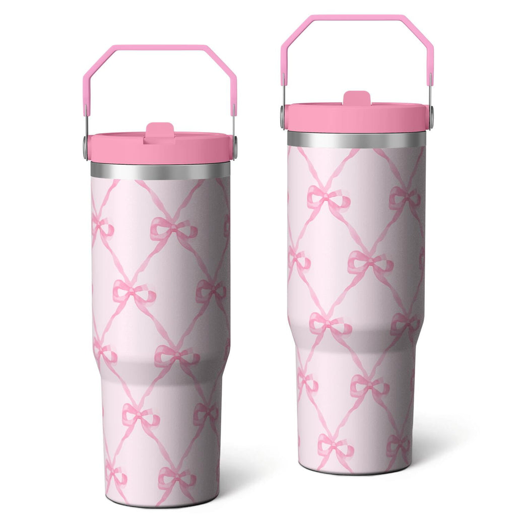 1pc Bow 30oz Tumbler with Straw & Handle - Insulated Stainless Steel Cup | Holiday Gift for Man Women (Christmas, Valentine's, Birthday)