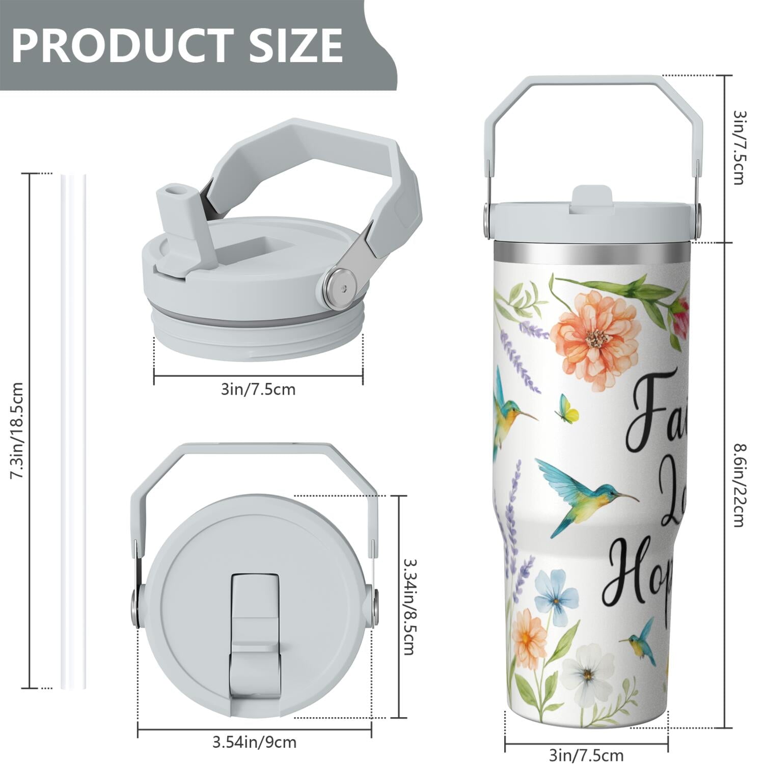 1pc Hummingbird 30oz Tumbler with Straw & Handle - Insulated Stainless Steel Cup | Holiday Gift for Man Women (Christmas, Valentine's, Birthday)