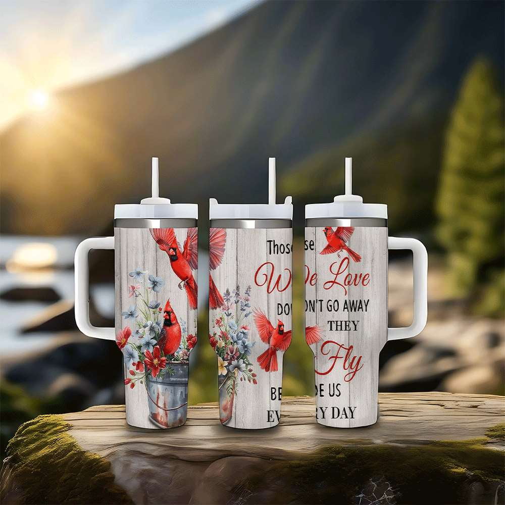 Cardinal Insulated Tumbler with Lid and Straw, Stainless Steel Travel Mug with Handle, Floral Rustic Cardinal Cup, Double Wall Hot Cold Drink Tumbler, Gift for Women & Nature Lovers