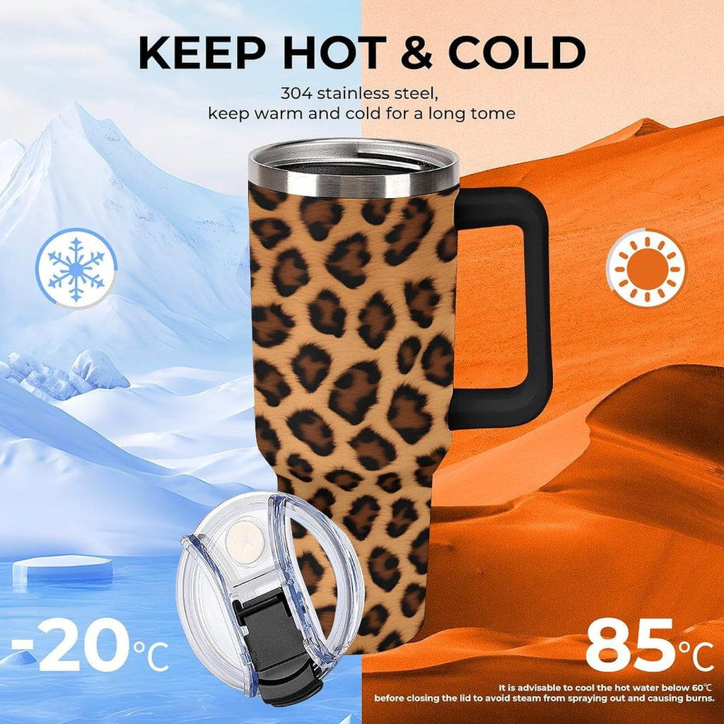 40oz Insulated Stainless Steel Tumbler with Handle, Abstract Brown Leopard Print Leakproof Water Bottles Travel Mug with Lid And Straw for Water, Iced Tea Or Coffee for Most Car Cup Holder