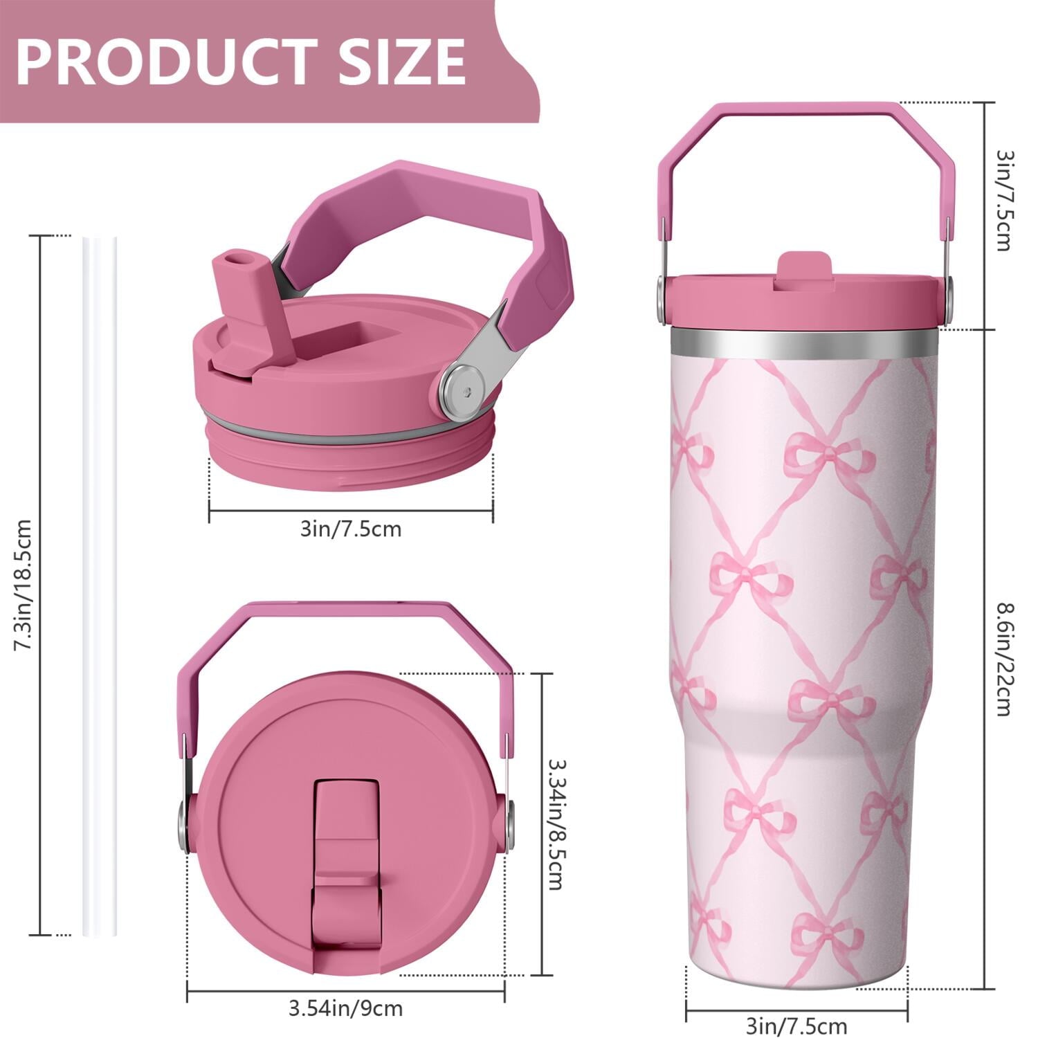 1pc Bow 30oz Tumbler with Straw & Handle - Insulated Stainless Steel Cup | Holiday Gift for Man Women (Christmas, Valentine's, Birthday)