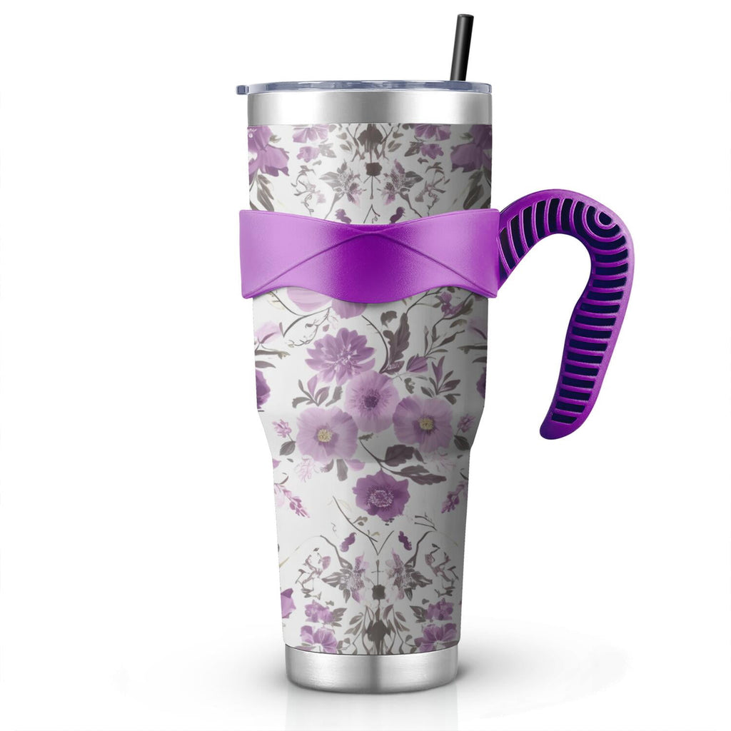 40 Oz Purple Floral Tumbler with Handle and Silicone Straws,Pioneer Double Wall Vacuum Insulated Stainless Steel Travel Mug Leak-Proof Coffee Cup on Screw Lid and Straw Purple