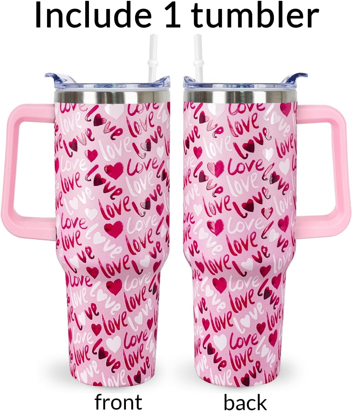 40 Oz Valentines Day Tumbler 3d-Printed Pink Love Tumbler Gifts for Couple Women Men Insulated Travel Cup with Handle Lid and Straw