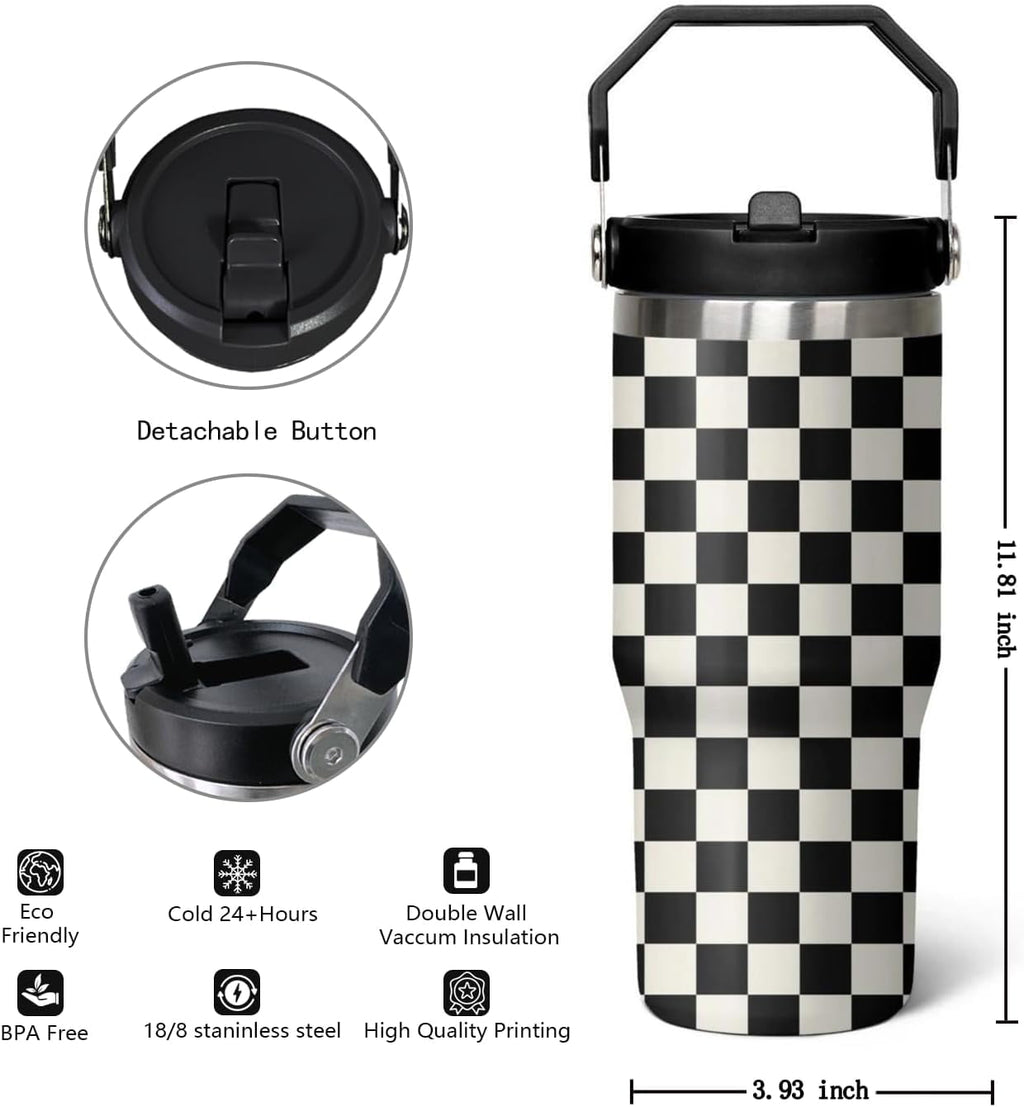 30 Oz Black and white Checkered FlipTumbler with Handle Lid and Straw, Checkered Tumbler Water Bottle Travel Coffee Cup Mug,Checkered Gifts for Women Men