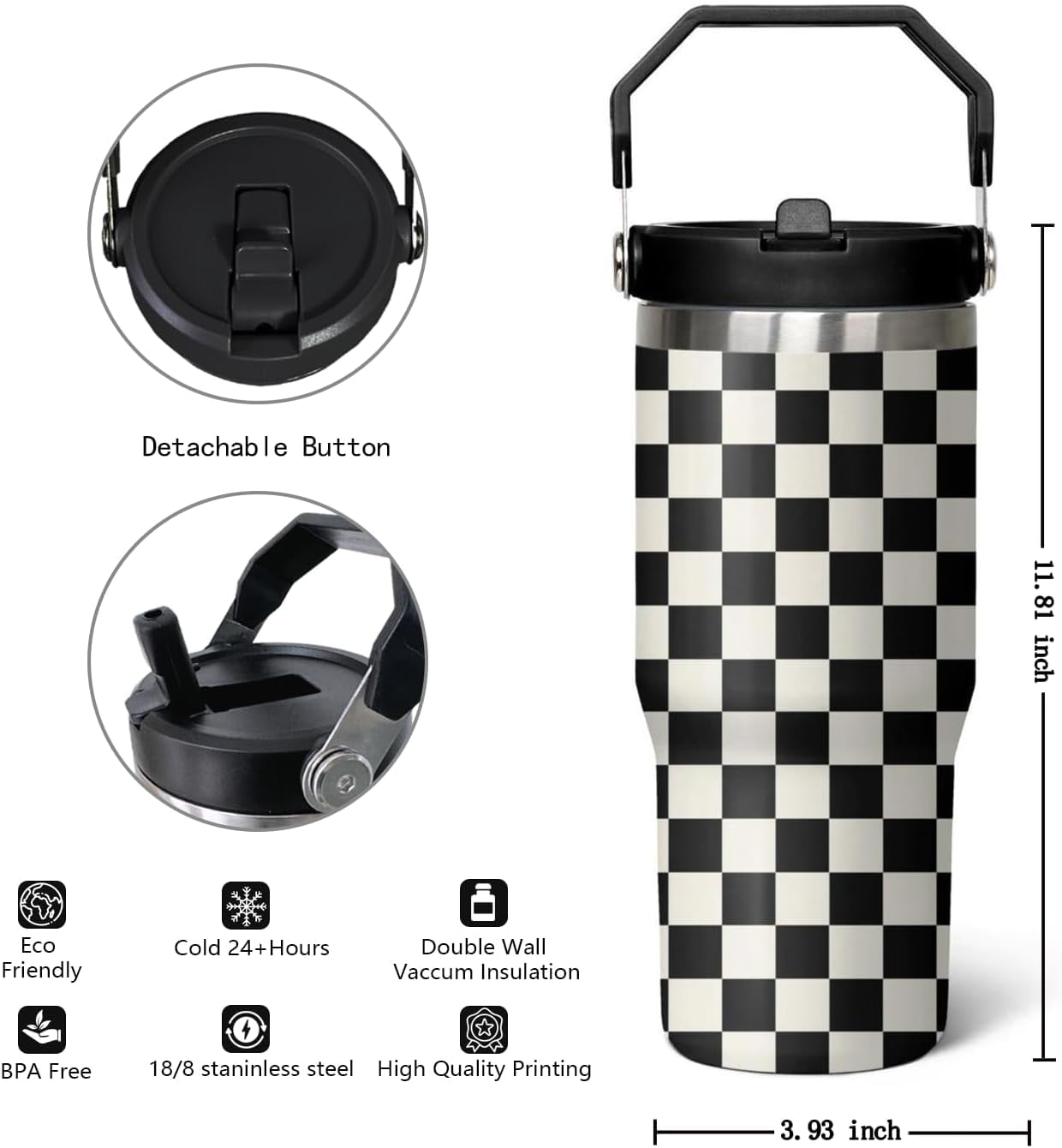 30 Oz Black and white Checkered FlipTumbler with Handle Lid and Straw, Checkered Tumbler Water Bottle Travel Coffee Cup Mug,Checkered Gifts for Women Men