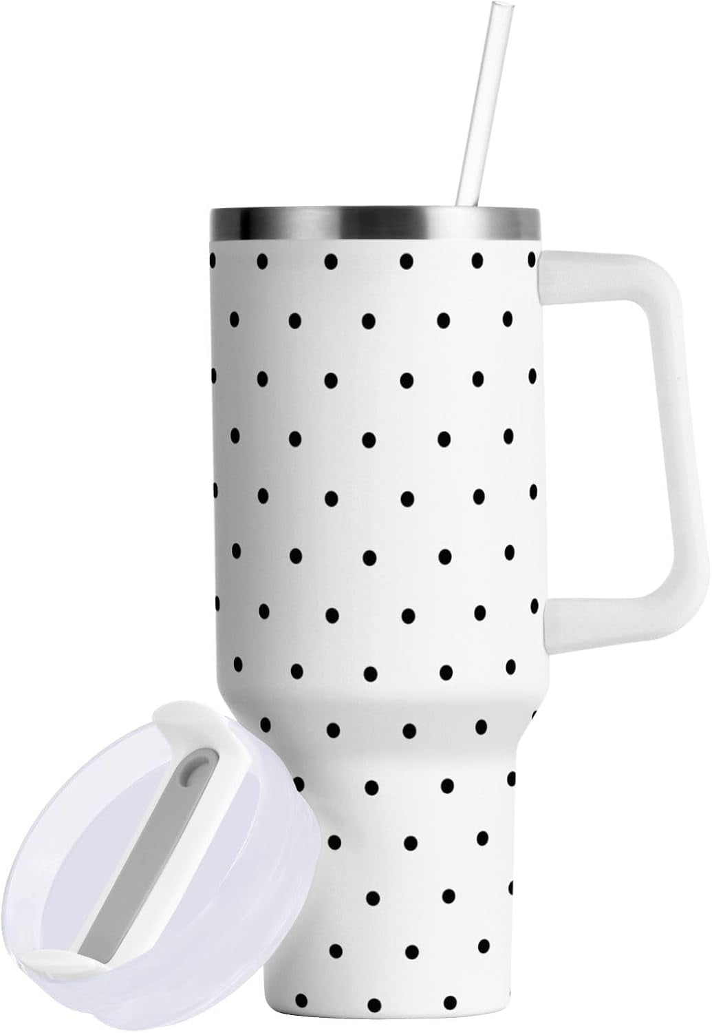 40 oz Tumbler with Handle Lid and Straw Insulated Water Tumbler Stainless Steel Water Cup Mug Bottle Reusable Cup Holder Friendly Polka Dot White