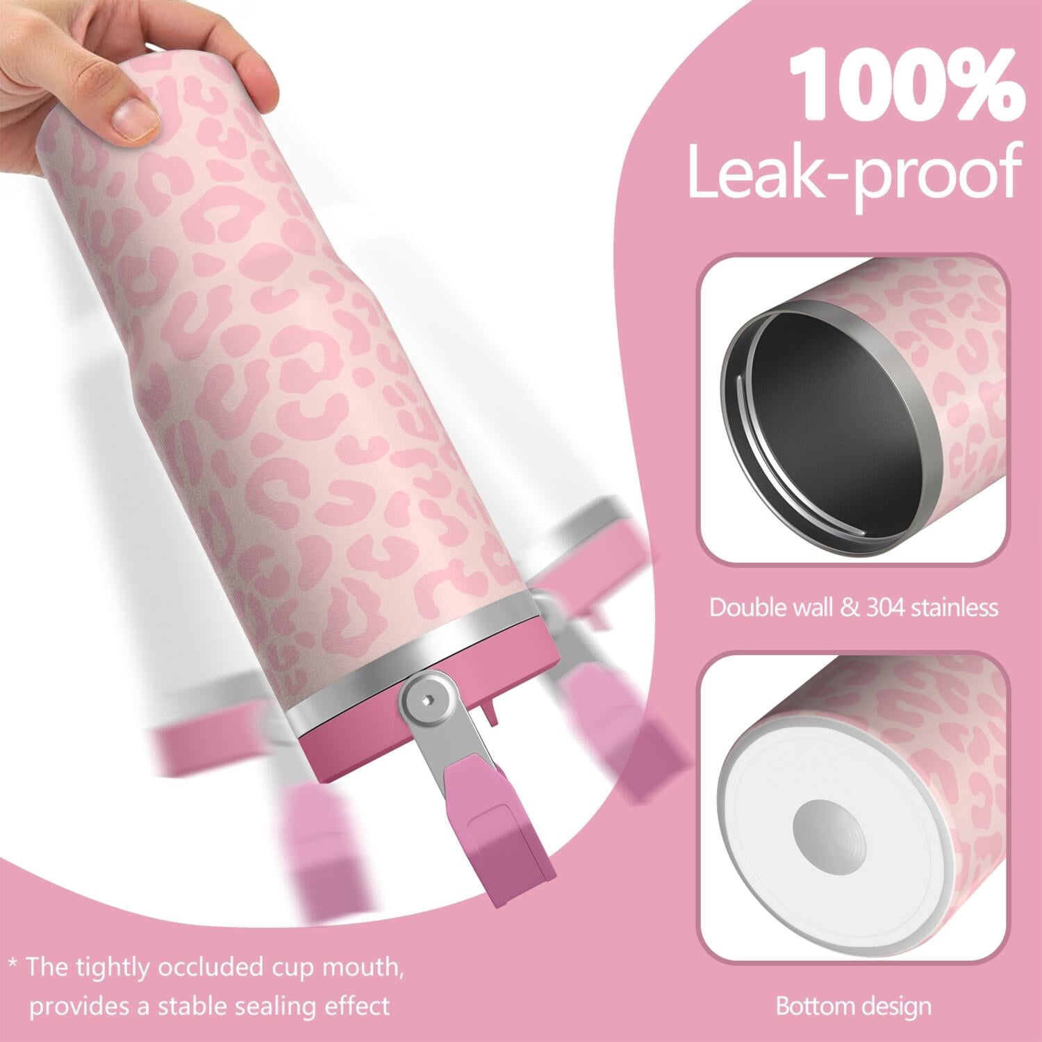 1pc Pink Leopard Print 30oz Tumbler with Straw & Handle - Insulated Stainless Steel Cup | Holiday Gift for Man Women (Christmas, Valentine's, Birthday)