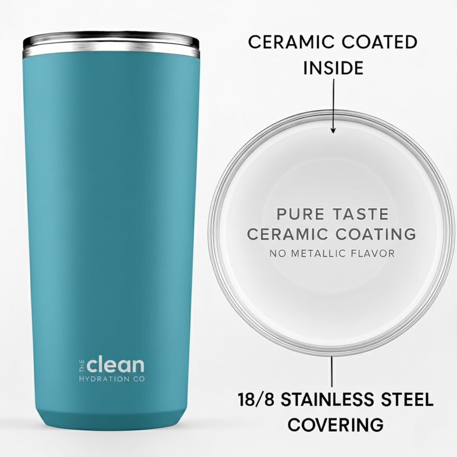 The Clean Hydration 20 oz Insulated Stainless Steel Travel Mug with Ceramic Inner Coating and No Metal Taste - Aqua