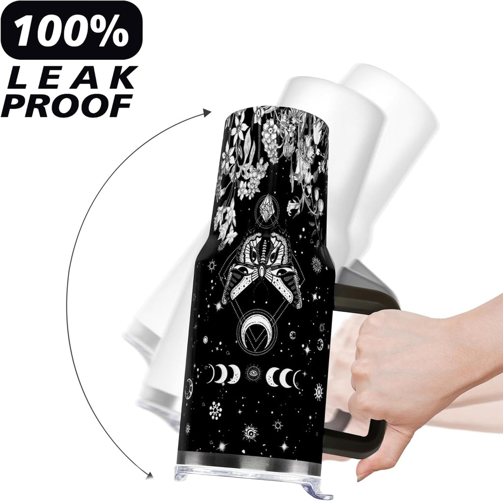 40oz Goth Gothic Tumbler with Handle and Straw, Stainless Steel Vacuum Insulated Flip Straw Butterfly Moon Tumbler, Spill Proof Travel Mug, Witch Decor Gifts for Women