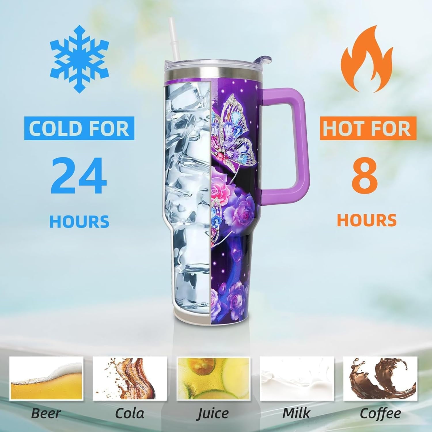 40 oz Tumbler with Handle and Straw Lid, Purple Butterfly Insulated Cup, Double Vacuum Leak Proof Coffee Travel Mug, Flower Stainless Steel Water Bottle Gifts for Women Girls