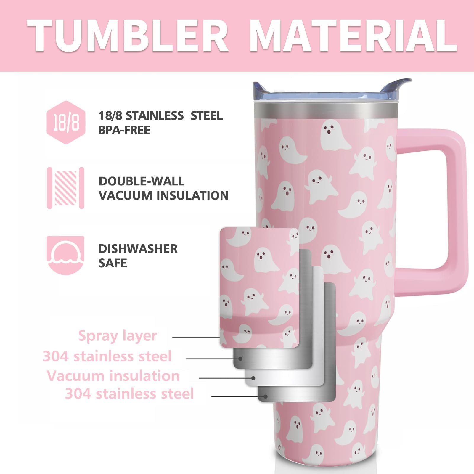 40 Oz Tumbler with Handle and Straw, Cute Stainless Steel Double Walled Vacuum Insulated Cup, Holiday Gifts for Women Girls