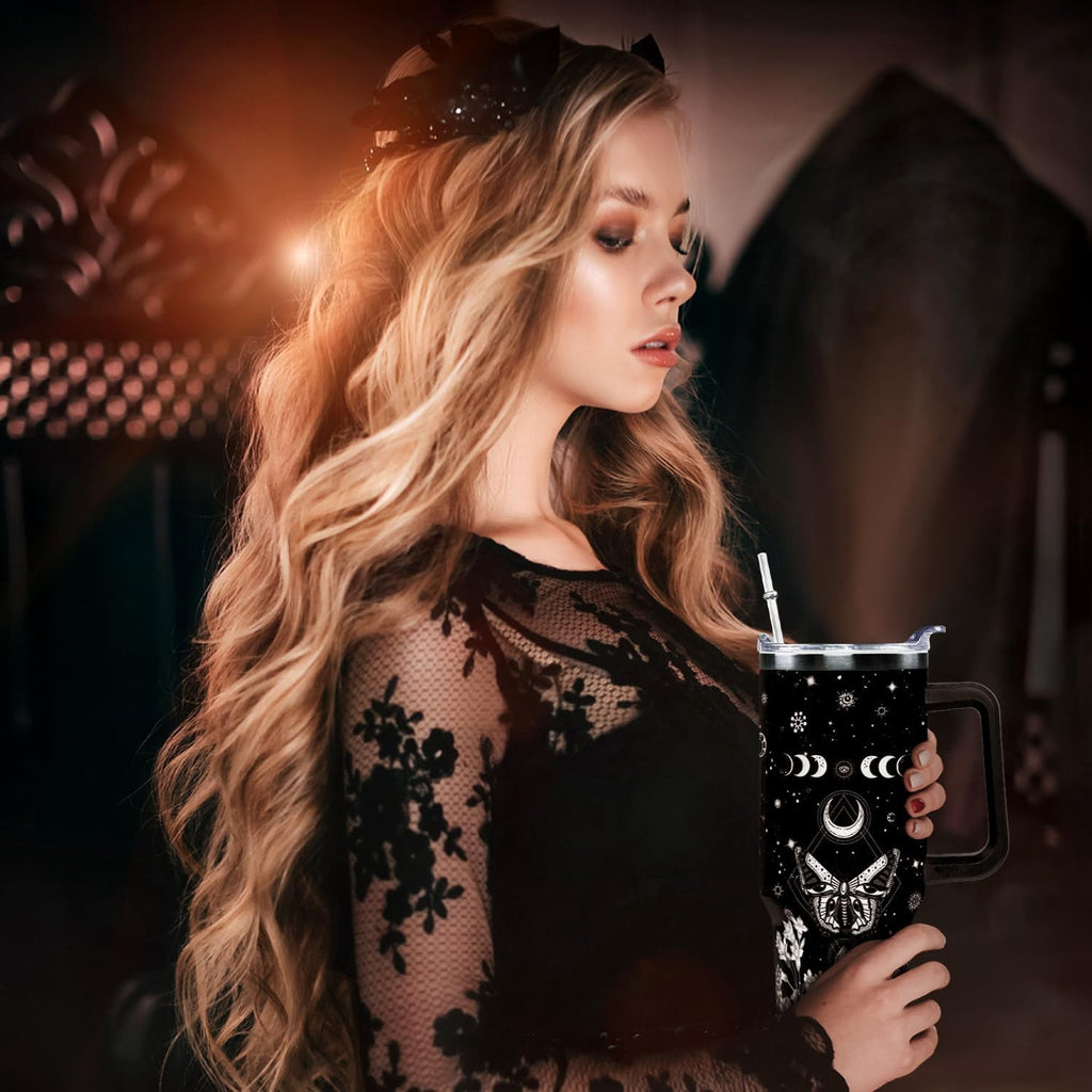 40oz Goth Gothic Tumbler with Handle and Straw, Stainless Steel Vacuum Insulated Flip Straw Butterfly Moon Tumbler, Spill Proof Travel Mug, Witch Decor Gifts for Women