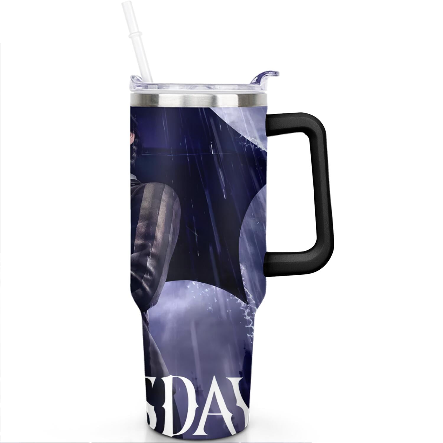 40oz Wednesday Girl Stainless Steel Tumbler with Lid and Straw,Wednesday Stuff Merchandise Spill Proof Travel Cup Double Wall Vacuum Insulated Coffee Mug with Handle Black