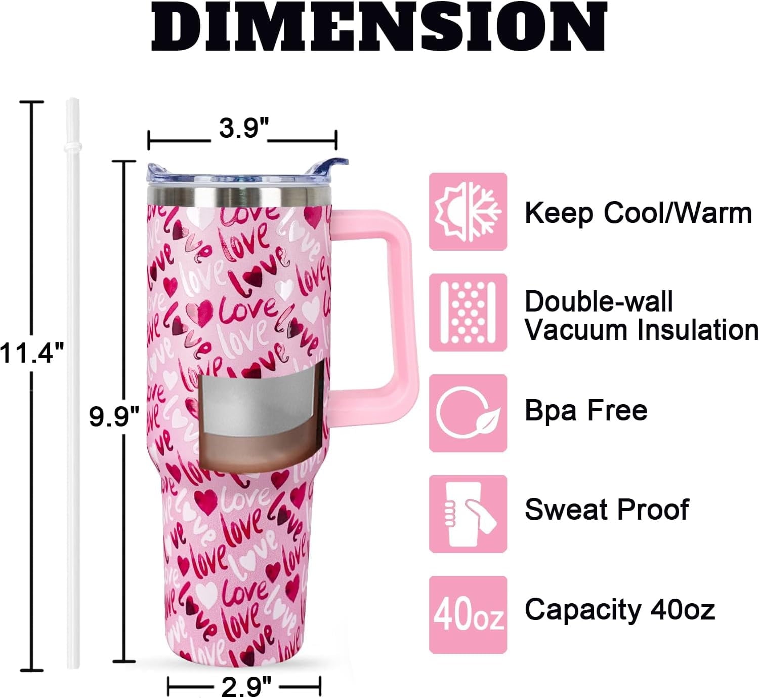 40 Oz Valentines Day Tumbler 3d-Printed Pink Love Tumbler Gifts for Couple Women Men Insulated Travel Cup with Handle Lid and Straw