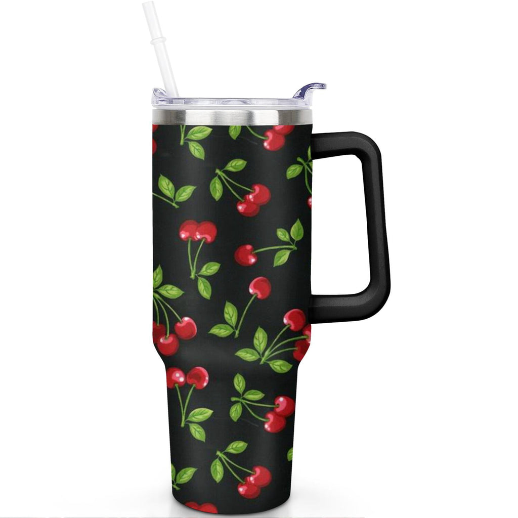 40oz Red Cherry Fruit Pattern Stainless Steel Flip Straw Tumbler Spill Proof Travel Cup Double Wall Vacuum Insulated Coffee Mug with Top Handle