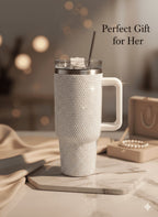Thirstee 40 oz Rhinestone Tumbler with Handle and Metal Straw Lid, White Bling Insulated Travel Mug