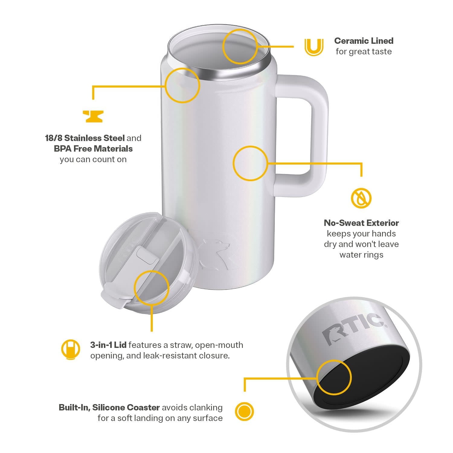 RTIC 64 oz Ceramic Lined Road Trip Tumbler with Handle and Leak-Resistant Straw Lid, White Glitter