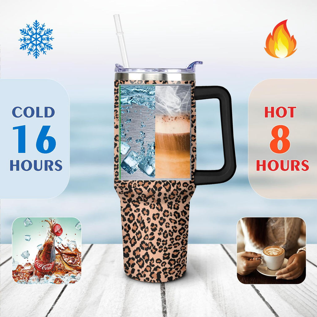 40oz Fashion Leopard Pattern Stainless Steel Flip Straw Tumbler Spill Proof Travel Cup Double Wall Vacuum Insulated Coffee Mug with Top Handle