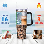 40oz Fashion Leopard Pattern Stainless Steel Flip Straw Tumbler Spill Proof Travel Cup Double Wall Vacuum Insulated Coffee Mug with Top Handle