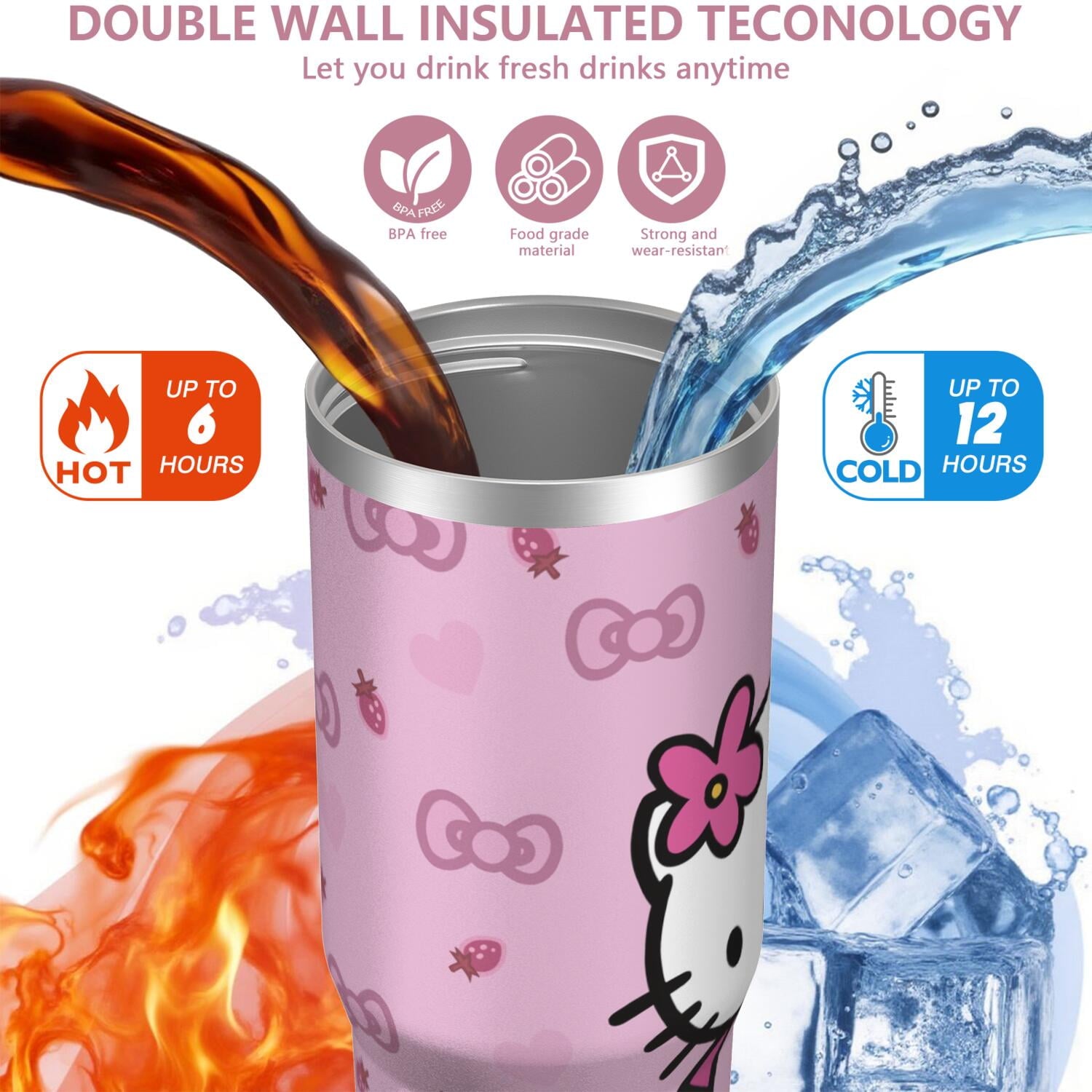 30oz Hello Kawaii Cat Cute Stainless Steel Tumbler with Lid and Straw,Spill Proof Travel Cup Double Wall Vacuum Insulated Coffee Mug with Top Handle Pink