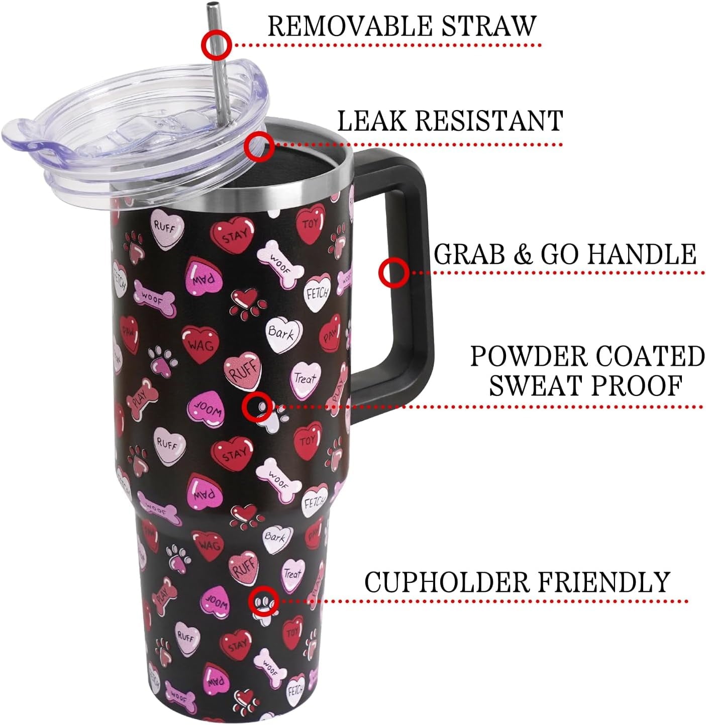 Valentines Day Gifts 40 oz Tumbler with Handle and Straw Lid,Valentine''s Day Gift for Her Women Girlfriend Wife Dog Bones and Candy Hearts Vacuum Insulated Leak Proof Stainless Steel Coffee Cup Mug