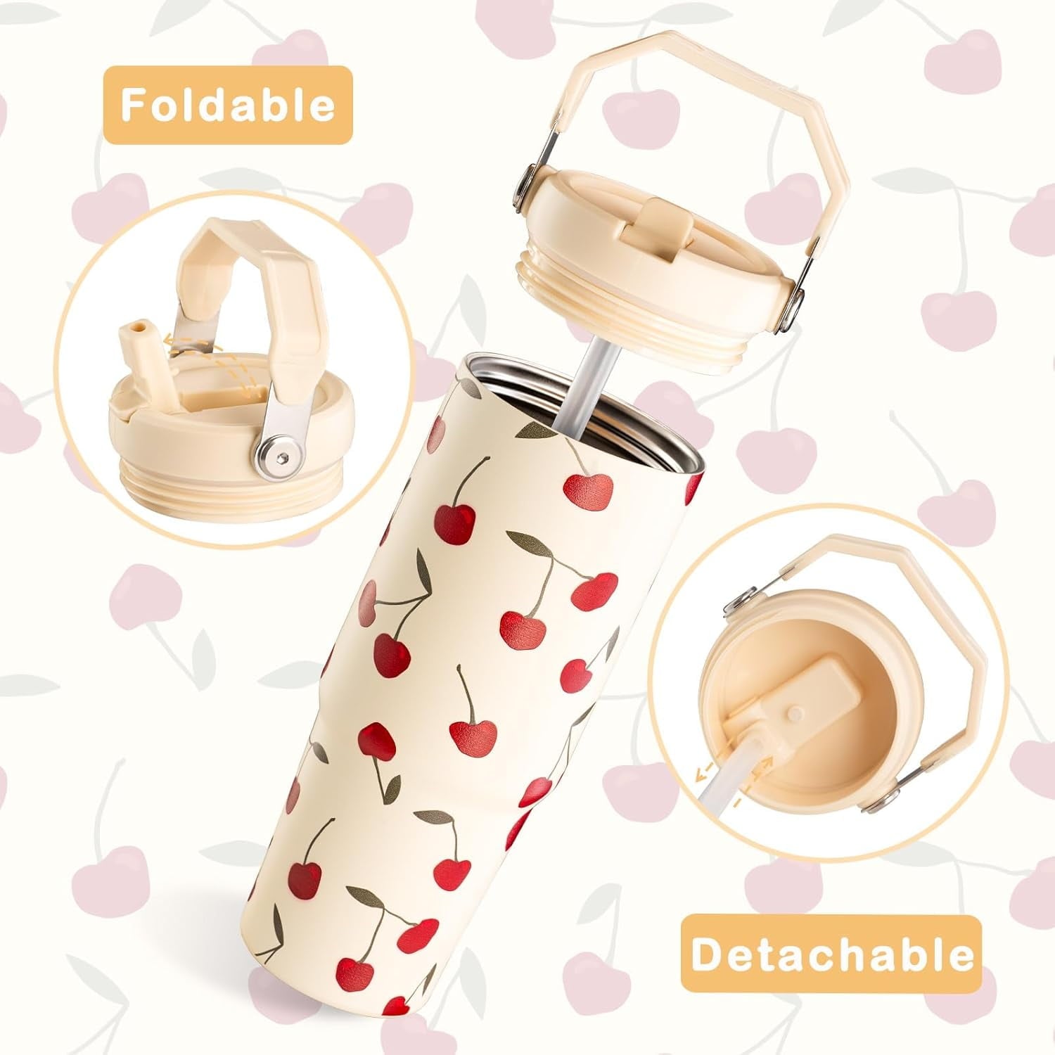 Cherry Tumbler, Cherry Gifts for Women 30 oz Tumbler with Handle and Flip Straw Stainless Steel Insulated Cup Travel Mug Water Bottle