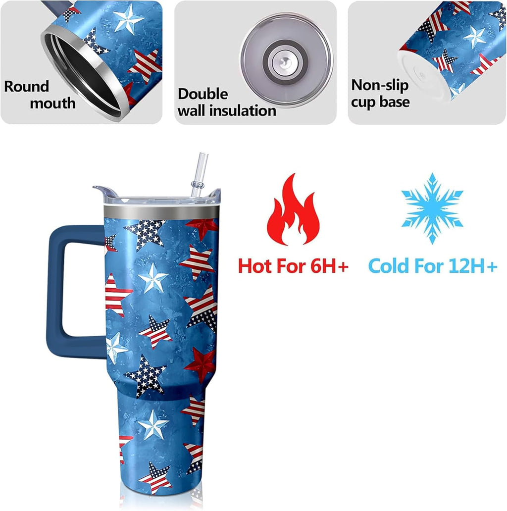 40oz American Flag 4th of july Tumbler With Handle and Straw, Gifts For Memorial Day Veterans day Independence day, Patriots Coffee Mug Water Bottle, Labor Day Stainless Steel Insulated Cup