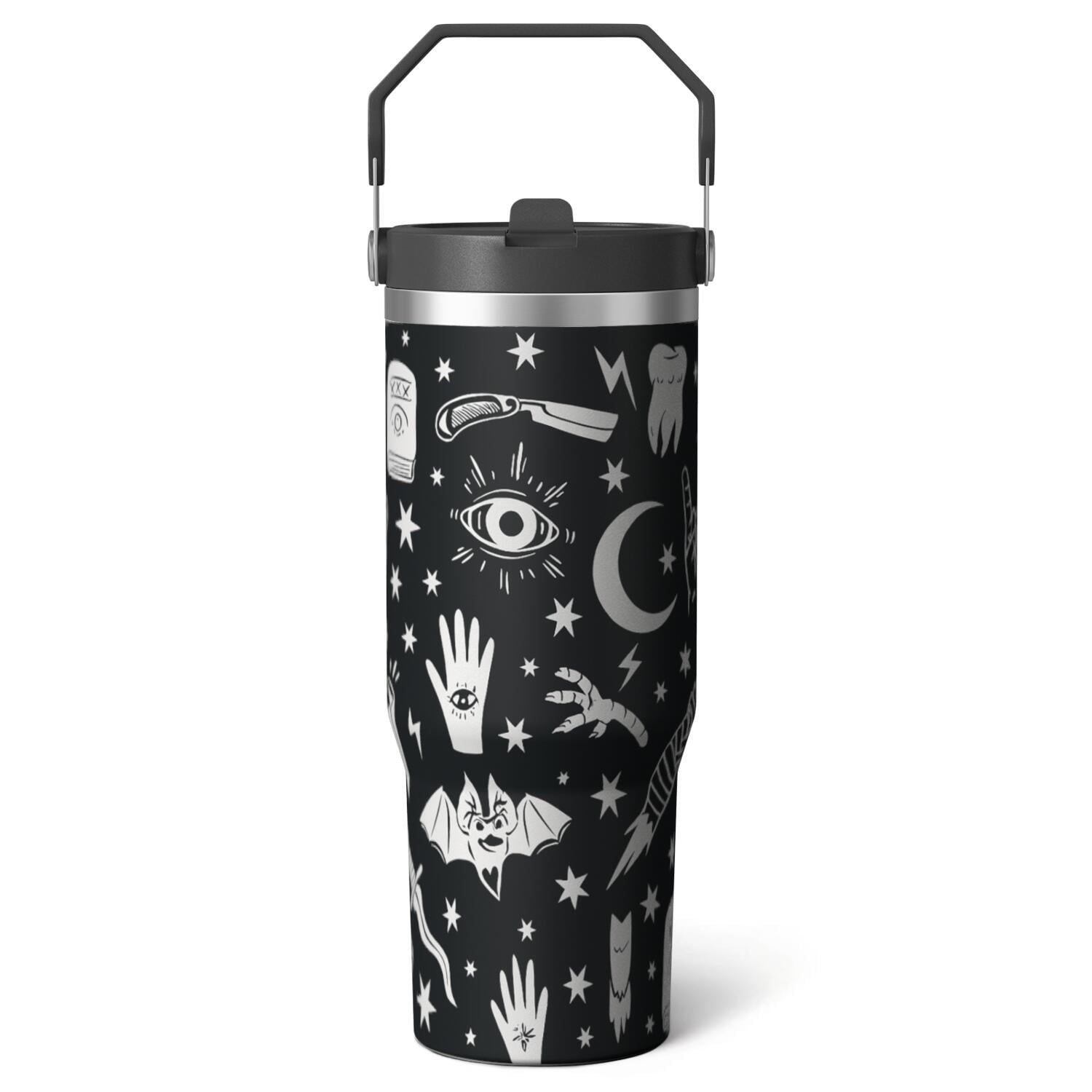 1pc Halloween Skull 30oz Tumbler with Straw & Handle - Insulated - Reusable Stainless Steel Cup