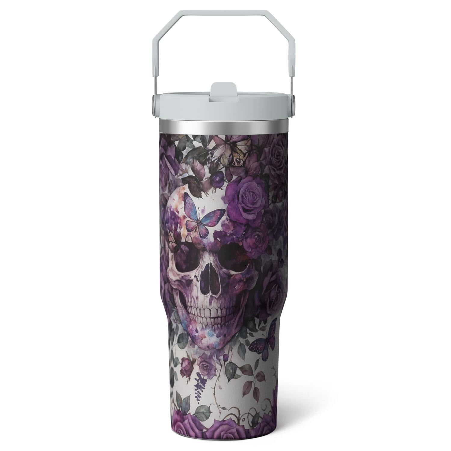 1pc Halloween Skull 30oz Tumbler with Straw & Handle - Insulated Stainless Steel Cup | Holiday Gift for Man Women (Christmas, Valentine's, Birthday)