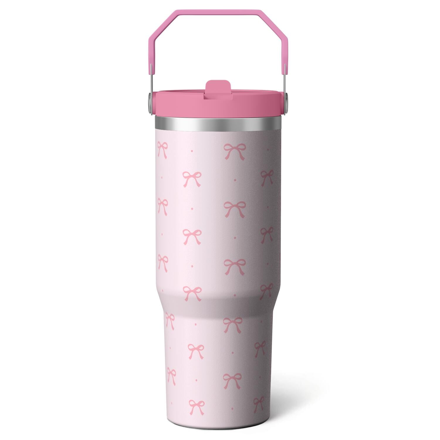 1pc Pink Leopard Print 30oz Tumbler with Straw & Handle - Reusable Stainless Steel Cup
