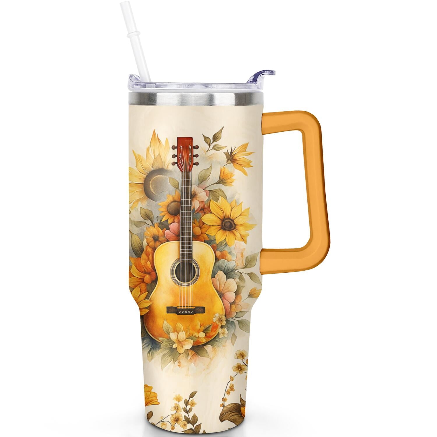 1pc Sunflower 40oz Tumbler with Straw & Handle - Insulated Stainless - Reusable Stainless Steel Cup