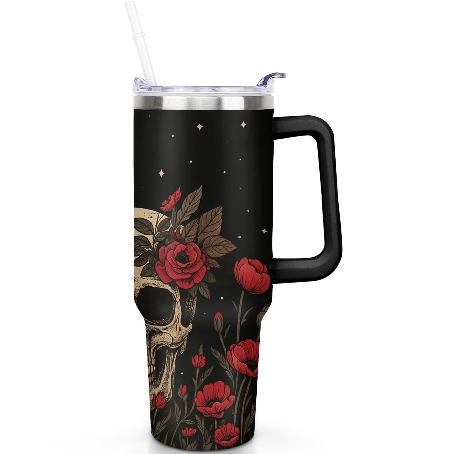 1pc Sunflower 40oz Tumbler with Straw & Handle - Insulated Stainless - Reusable Stainless Steel Cup