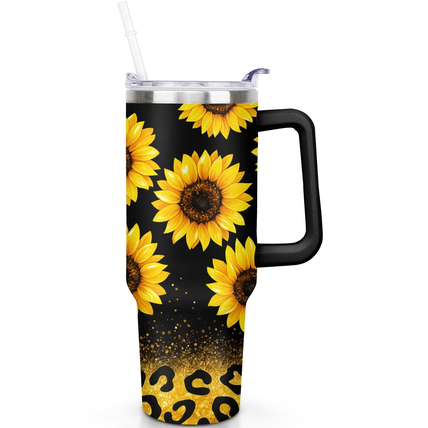 1pc Sunflower 40oz Tumbler with Straw & Handle - Insulated Stainless Steel Cup | Holiday Gift for Man Women (Christmas, Valentine's, Birthday)
