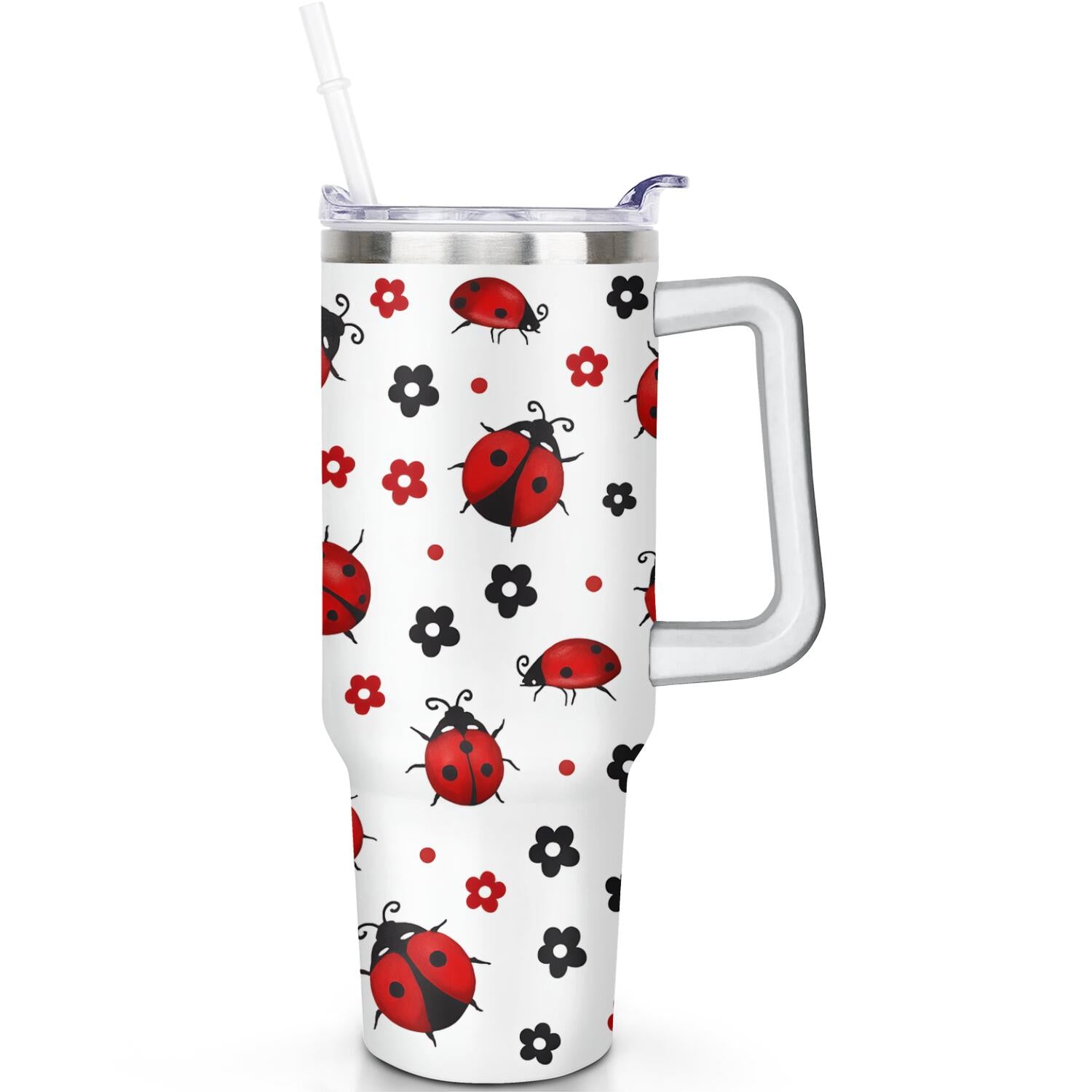 1pc cherry 40oz Tumbler with Straw & Handle - Insulated Stainless - Reusable Stainless Steel Cup