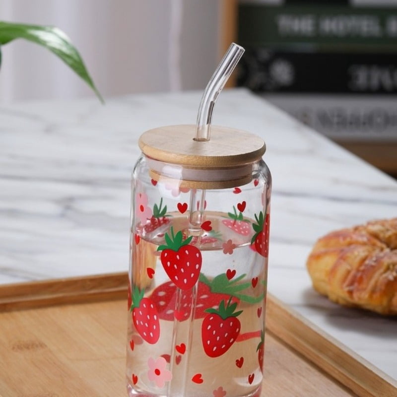 Totoro Hero Kawaii Strawberry Glass Cup With Lid And Straw Drinking Cups Iced Hot Coffee Glasses Cute Tumbler Cup for Kitchenware Juice Cup