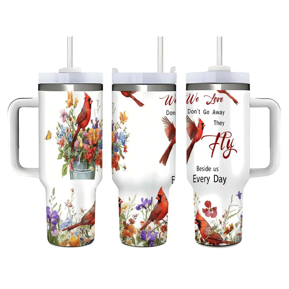 Cardinal Bird Floral Insulated Tumbler with Lid and Straw, Stainless Steel Travel Mug with Handle, Wildflower Spring Art Design