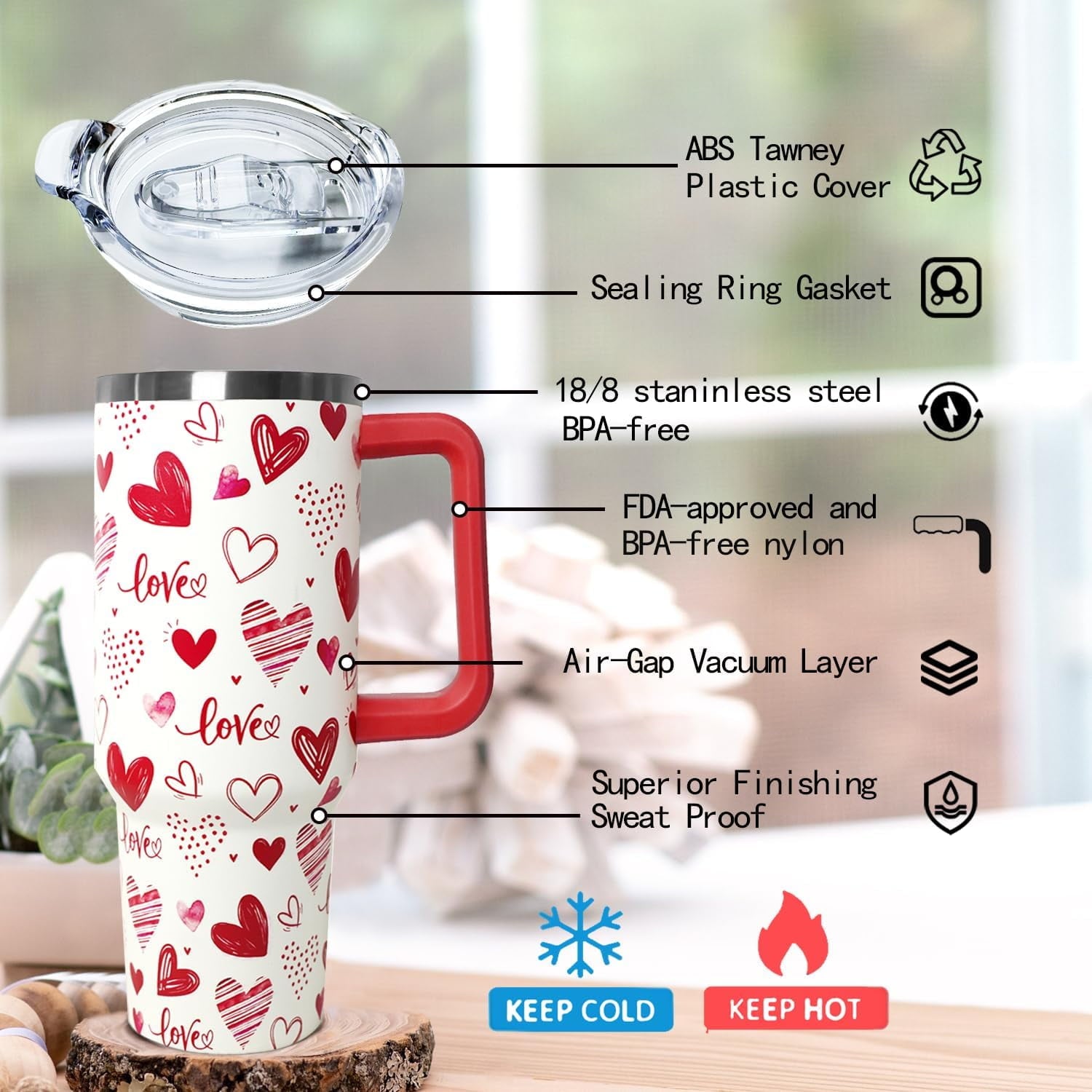 Love Tumbler 40 Oz Valentine Heart Tumbler With Handle,Valentine''s Day Coffee Travel Mug Cup Water Bottle,Heart Decor,Valentine''s Gifts for Wife Girlfriend Bride