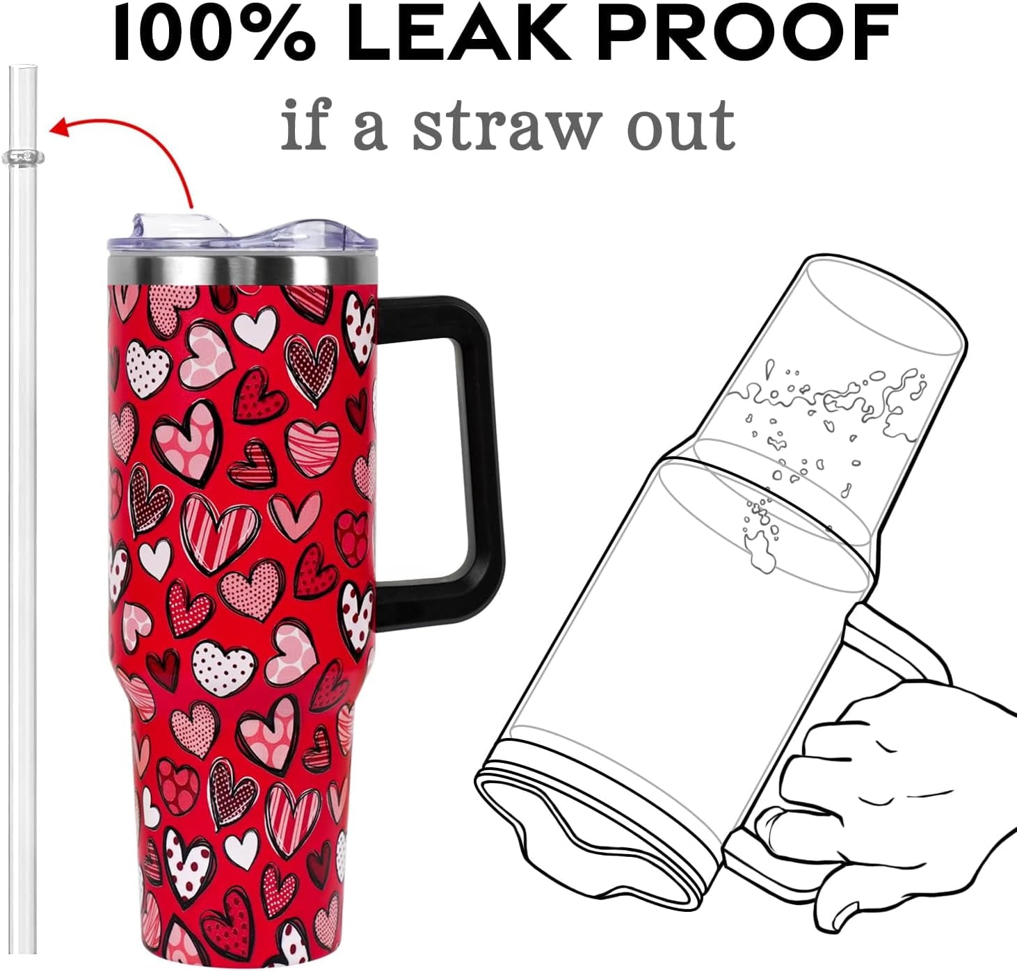 Valentines Day Gifts 40 oz Tumbler with Handle and Straw Lid,Cute Valentine''s Day Gift for Her Women Girlfriend Wife Red Love Hearts Vacuum Insulated Leak Proof Stainless Steel Coffee Cup Mug