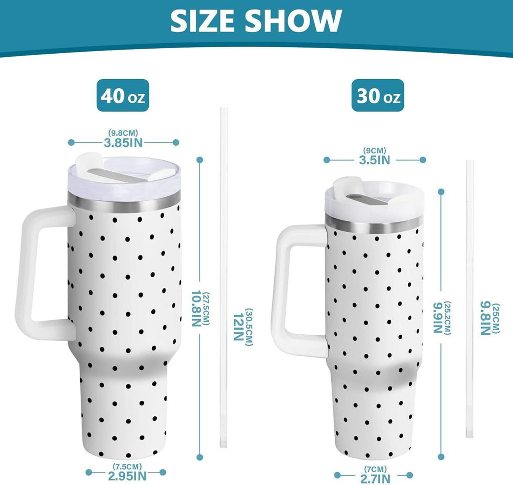 40 oz Tumbler with Handle Lid and Straw Insulated Water Tumbler Stainless Steel Water Cup Mug Bottle Reusable Cup Holder Friendly Polka Dot White