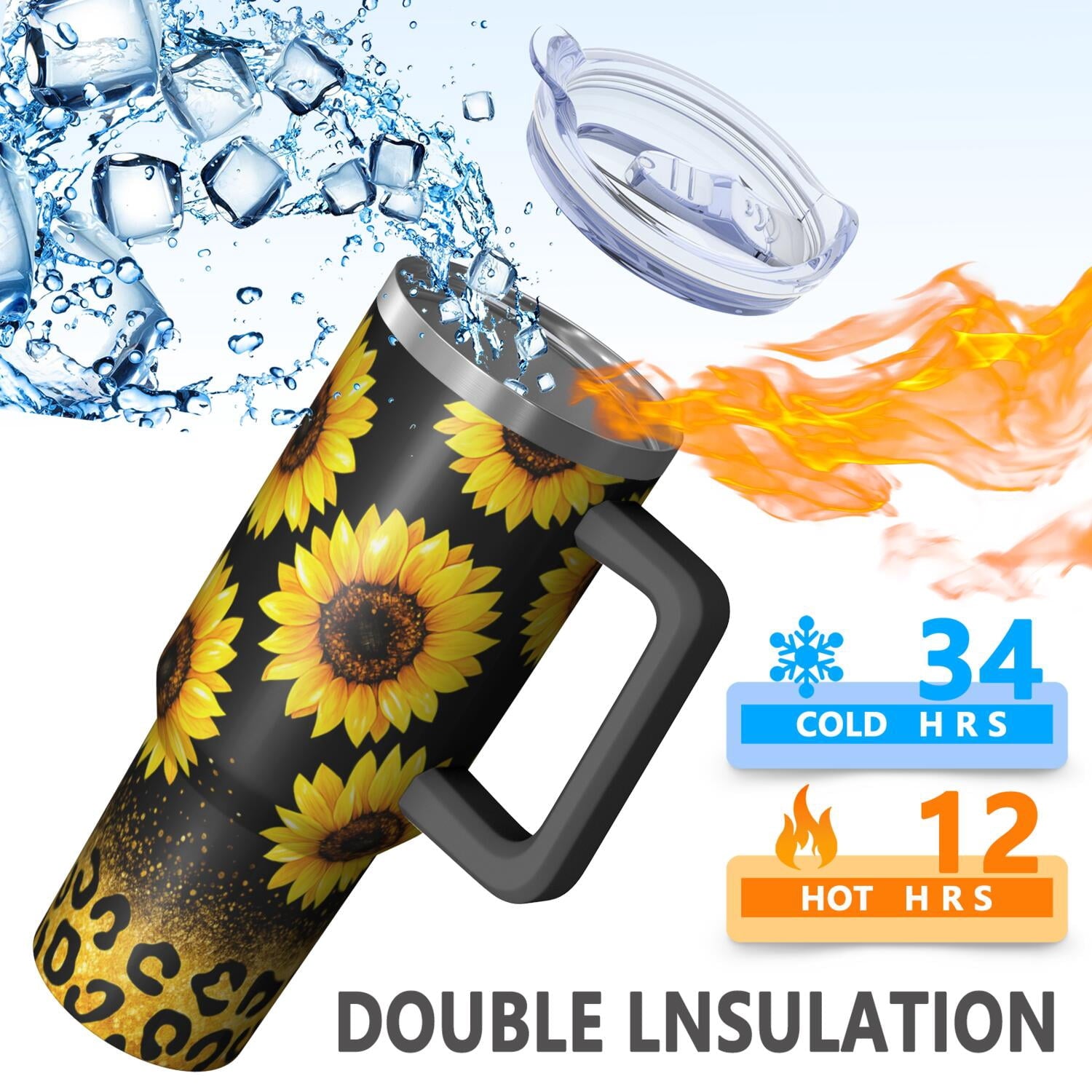 1pc Sunflower 40oz Tumbler with Straw & Handle - Insulated Stainless Steel Cup | Holiday Gift for Man Women (Christmas, Valentine's, Birthday)