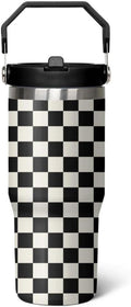 30 Oz Black and white Checkered FlipTumbler with Handle Lid and Straw, Checkered Tumbler Water Bottle Travel Coffee Cup Mug,Checkered Gifts for Women Men