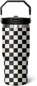 30 Oz Black and white Checkered FlipTumbler with Handle Lid and Straw, Checkered Tumbler Water Bottle Travel Coffee Cup Mug,Checkered Gifts for Women Men