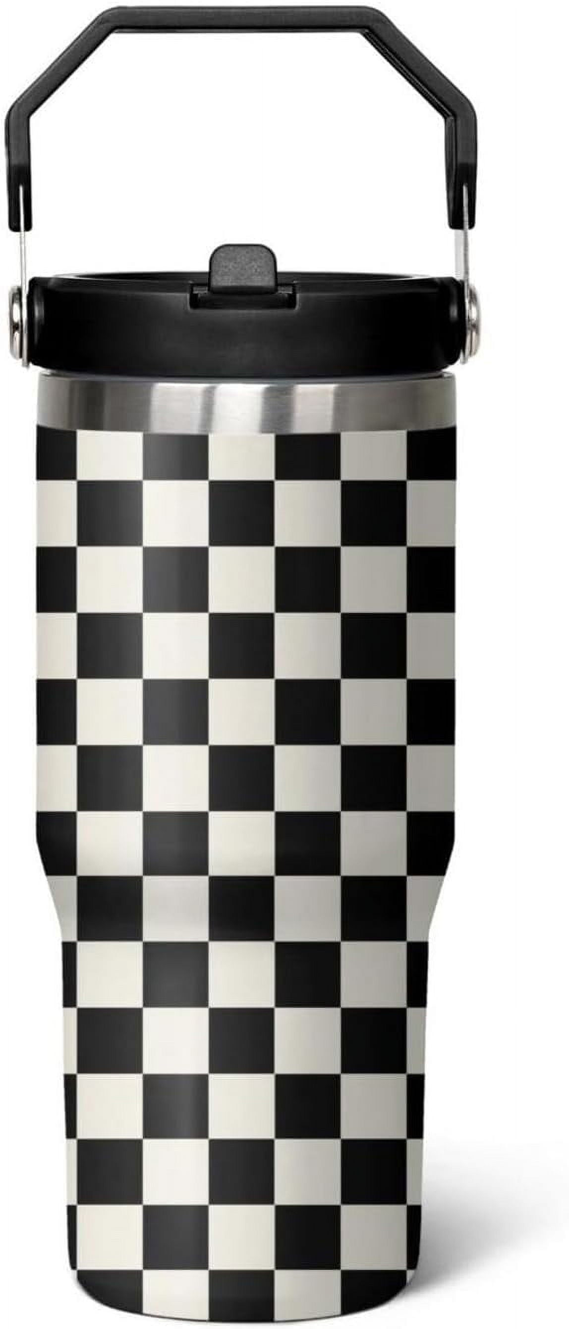 30 Oz Black and white Checkered FlipTumbler with Handle Lid and Straw, Checkered Tumbler Water Bottle Travel Coffee Cup Mug,Checkered Gifts for Women Men