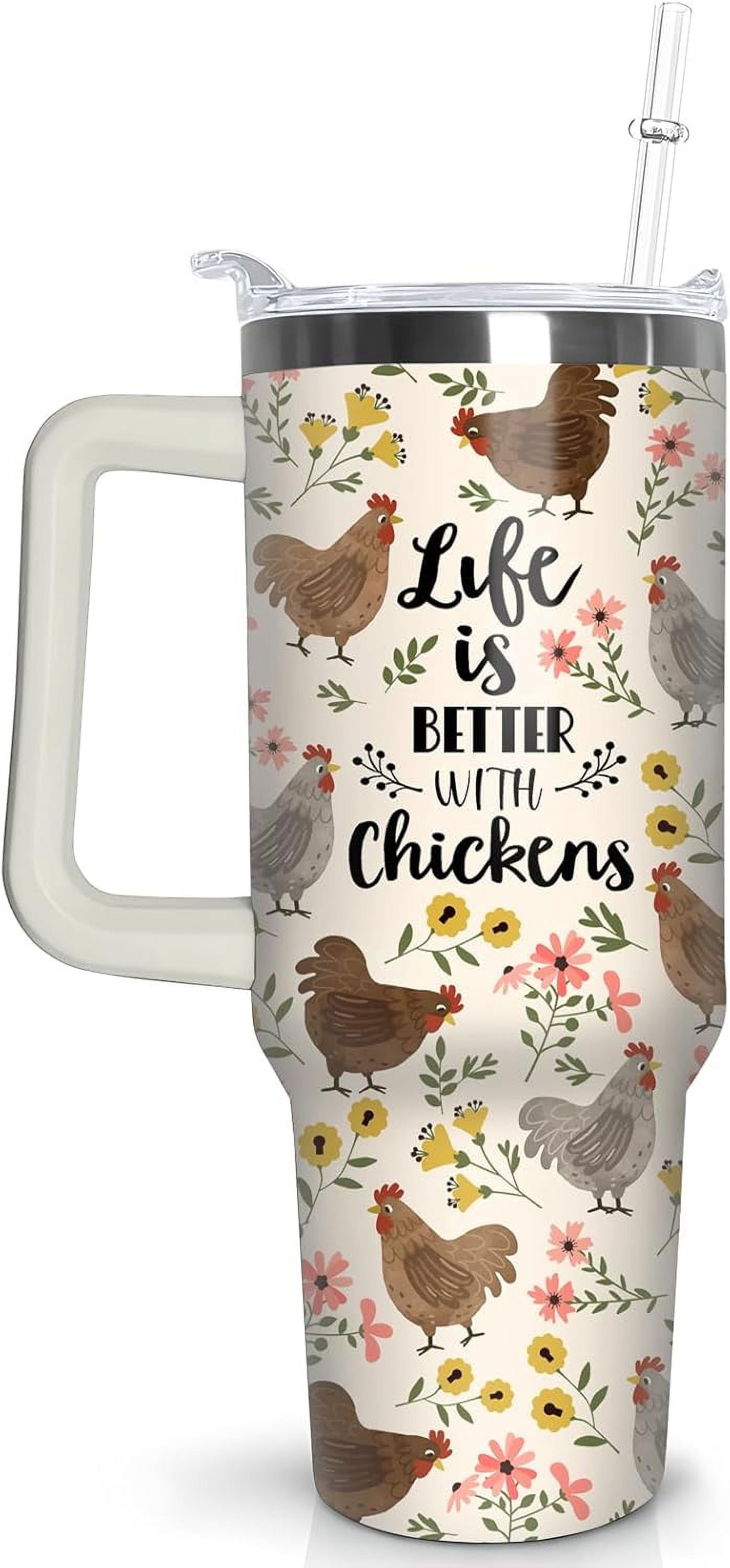 30 oz Chicken Tumbler with Handle and Straw, Floral Rooster Stainless Steel Vacuum Insulated Travel Coffee Mug Cup Water Bottle, Chicken Stuff Accessories Decor, Rooster Gifts for Women Girls