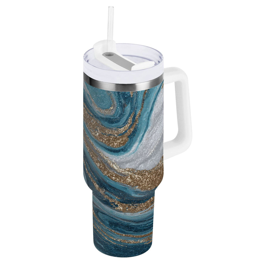 30 oz Insulated Stainless Steel Tumbler Double Wall Stainless Steel Tumbler with 2-Way Drinking Blue and Gold Swirling
