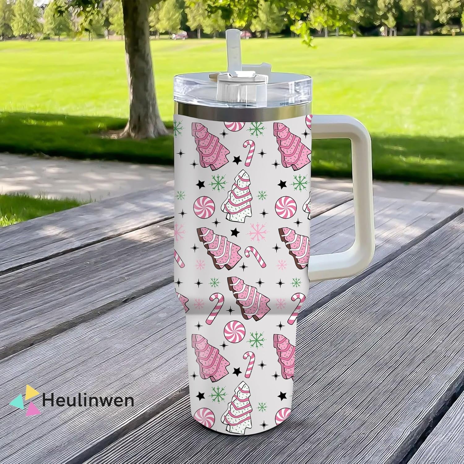 Pink Christmas Tree Cakes Stainless Steel Tumbler 40Oz With Handle Insulated Tumbler Holiday Coffee Travel Mug for Tea, Latte, Hot Chocolate Seasonal Xmas Gifts for Women Men Coworker or Friends