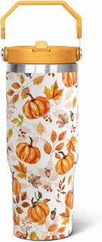 30oz Fall Pumpkin Flip Tumbler with Handle lid and Straw,Fall Coffee Travel Mug Cup Water Botter,Fall Gifts for Women,Fall Stuff Decor Accessories