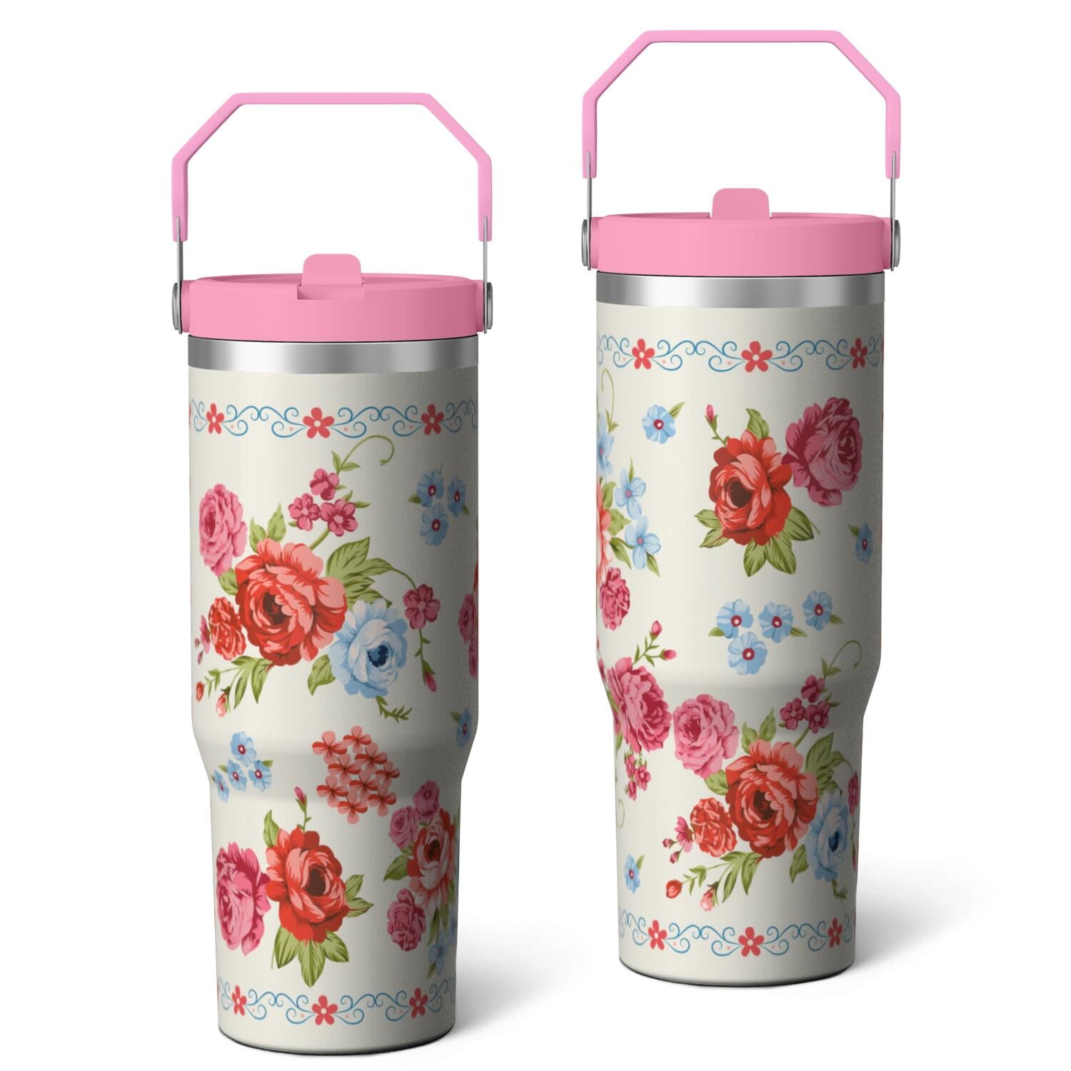 30oz Pioneer Colorful Floral Stainless Steel Flip Straw Tumbler with Lid - Reusable Stainless Steel Cup