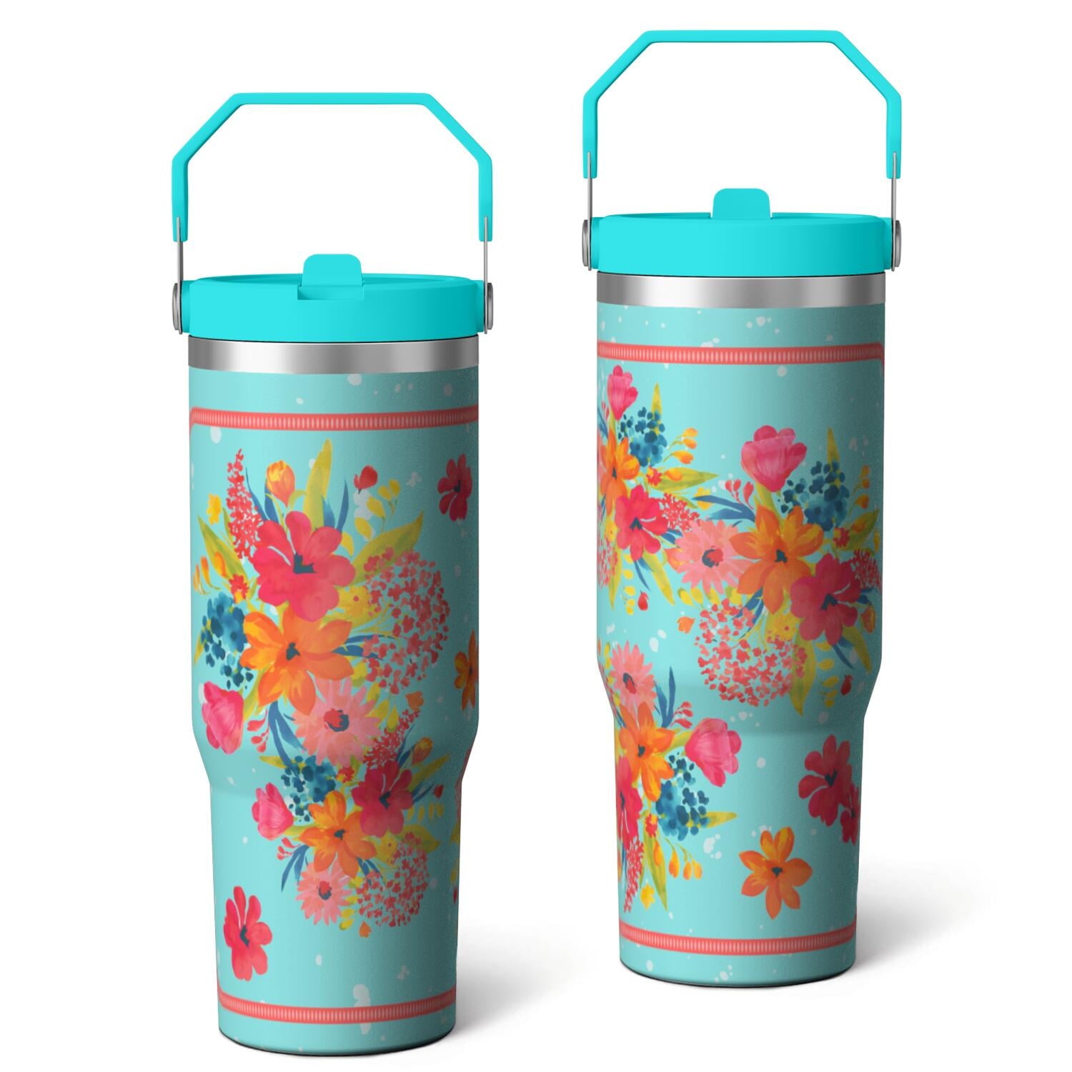 30oz Pioneer Colorful Floral Stainless Steel Flip Straw Tumbler with Lid - Reusable Stainless Steel Cup