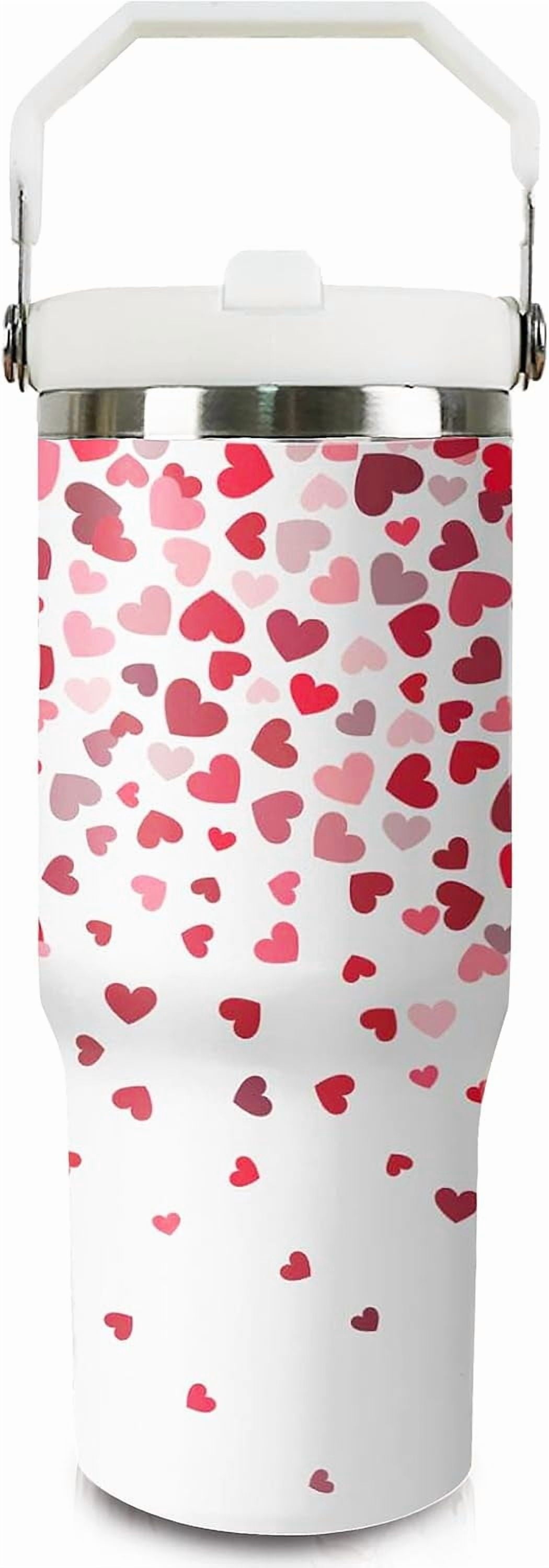 30oz Valentines Tumbler with Handle and Straw, Valentine Insulated Tumbler, Leak Proof Travel Coffee Mug, Reusable Stainless Steel Heart Tumbler, Valentines Gifts for Her